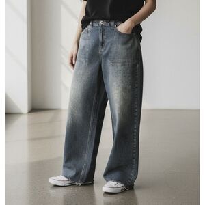 BDG Wide Leg Carpenter Jeans Blue Size 32 Vintage Wash Raw Hem Street Style